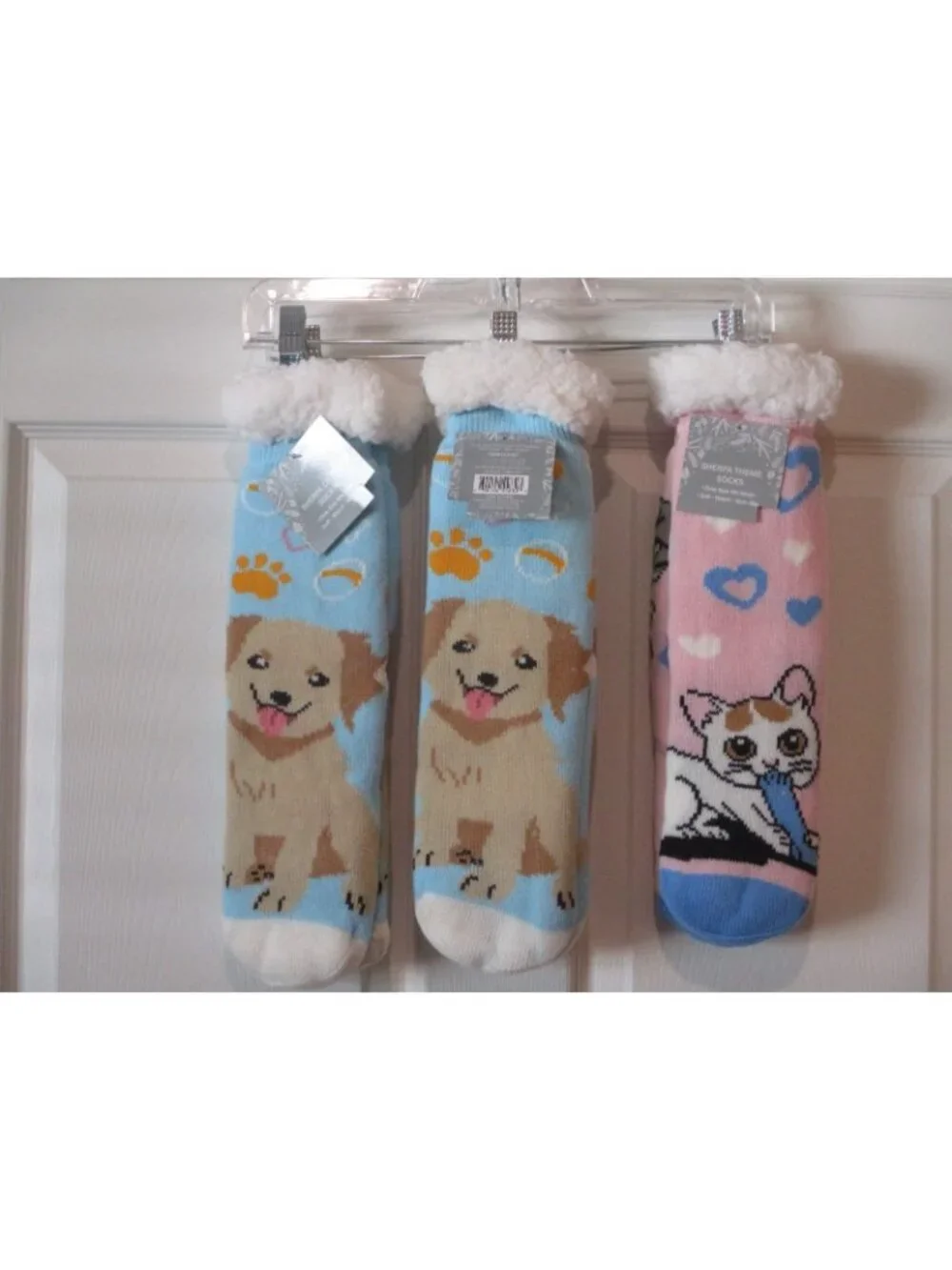 Critter Sherpa Theme Lined Socks Non slip Lot 3 Faux Fur 2 Puppies 1 Kitty New